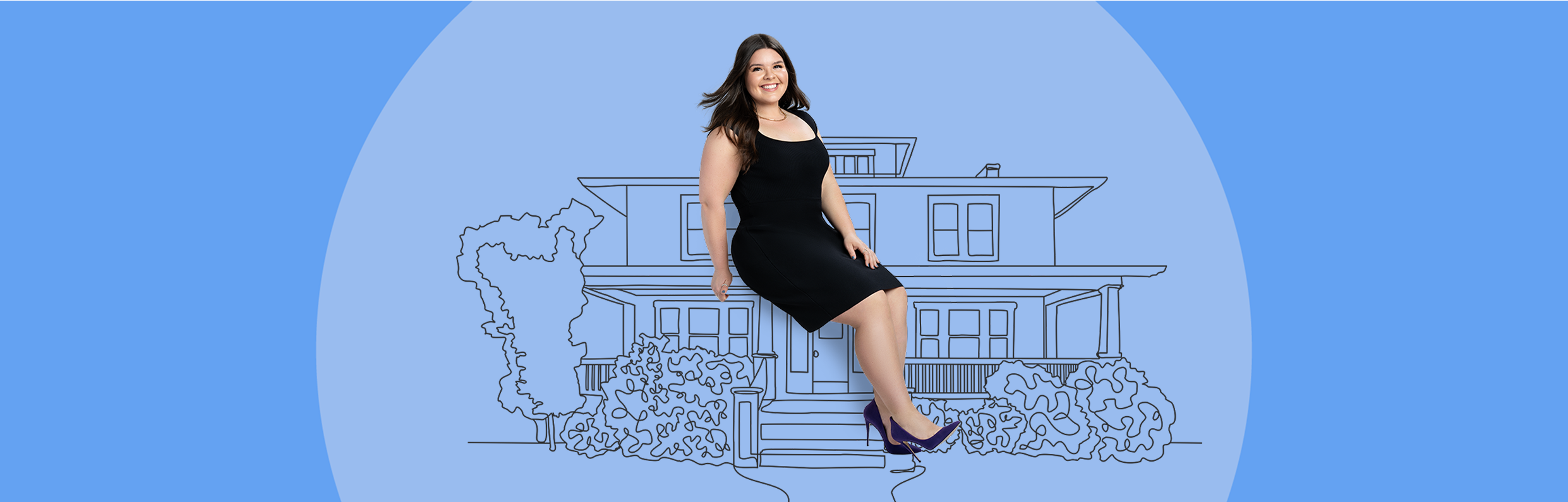 A smiling woman sits on an illustration of a house.